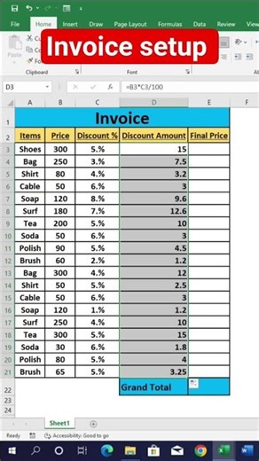 Invoice setup In Excel #excel #exceltricks #exceltips #foryou #subscribe #viralplzz #support #fypage