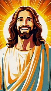 jesus christ face smiling with halo and rays of light cartoon style animation isolated. represent jesus love, ascention, ressurection, and transformation - 4k 9x16 vertical stock video footage AI