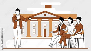 Visiting a college campus, 3d cartoon in black outline. Future students visit the campus together. Faceless. Graduating high school student making choices, place of study, admission process.