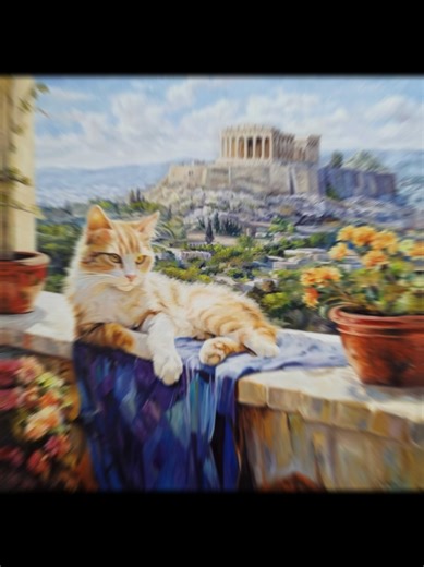 🐾 Μια γάτα απολαμβάνει τη θέα της Ακρόπολης, σε ένα έργο γεμάτο φως, χρώμα και ελληνική αύρα. 🖌 Δημιουργία: Γιάννης Σχίζας #τεχνη #κορνιζες #galleryΚρυσταλλία #ζωγραφική #artgallery