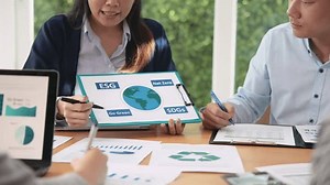 Carbon offset price report CO2 emission. Future growth Net zero waste in ESG ethical SME office protect climate change global warming social issues project. Group of asia people Eco friendly SDGs plan