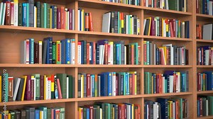 Library. Books ans textbooks on shelves in library or bookstore. Education, school or university learning concept. Loopable 3d animation. All textures of book covers were created me in Photoshop.