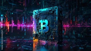 A glowing blue and silver Bitcoin logo over a dark background with a circuit board pattern and colorful lights reflecting off a surface