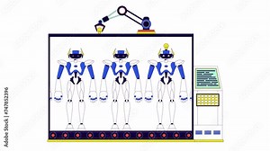 Cyborg manufacturing plant line 2D object animation. Robots on automated conveyor flat color cartoon 4K video, alpha channel. Artificial intelligence in industry animated machine on white background Stock Video