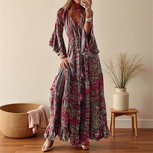 Boho Maxi Dress With Long Sleeves – Vintage Print V-neck Flowy Dress | Casual Holiday Outfit | Festival, Resort & Beachwear - Etsy