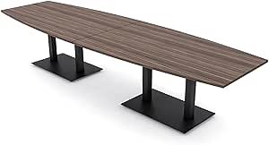 Harmony Series 12-Person Boat-Shaped Modular Conference Table with Matte Black Square Metal Bases | Scratch-Resistant Thermally-Fused Laminate | Easy to Assemble | Natural Eucalyptus -12ft