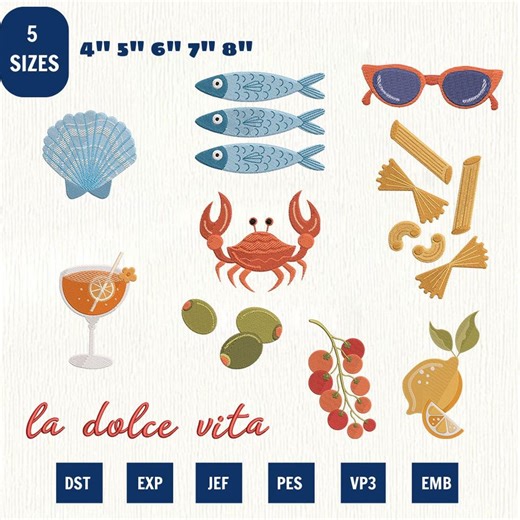 Set of 10 Italian Summer Icons Machine Embroidery File, 4-8 Inches Design (instant Download) - Etsy