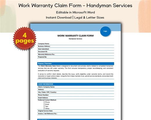Work Warranty Claim Form Editable and Printable Template, Handyman Home Services Provider Contractors, Property Repair and Maintenance - Etsy