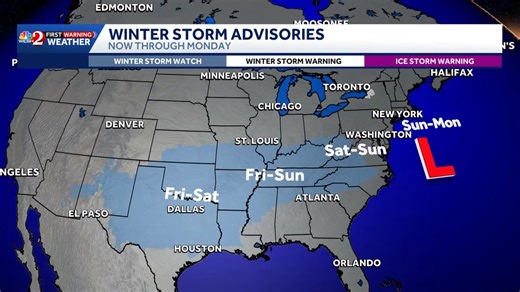 **Winter Storm Timeline** Here's the latest timing for a large #winter storm that will impact folks from #Texas to #Massachusetts from Friday into Monday. Winter Storm Watches will be expanded to New England soon. Stay with #weshwx for updates. | Tony Mainolfi, WESH