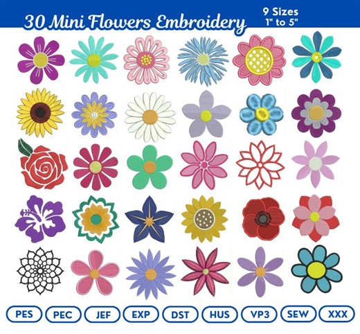 30 Mini Flower Embroidery Designs | Embroidered Flowers Bundle | Daisy, Poppy, Sunflower Digital Files - Etsy