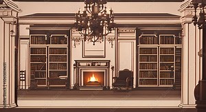 Classic dark library with wooden shelves chandelier and a glowing fireplace in a peaceful evening Vintage cozy reading retreat concept Seamless time lapse animation video background 4K