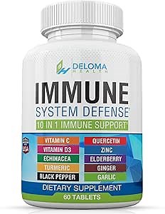 10 in 1 Immune System Support Supplement - Vitamin C (1000 mg), Quercetin, Vitamin D3 (5000iu), Zinc (40 mg), Elderberry, Echinacea, Turmeric, Ginger, Garlic, Black Pepper