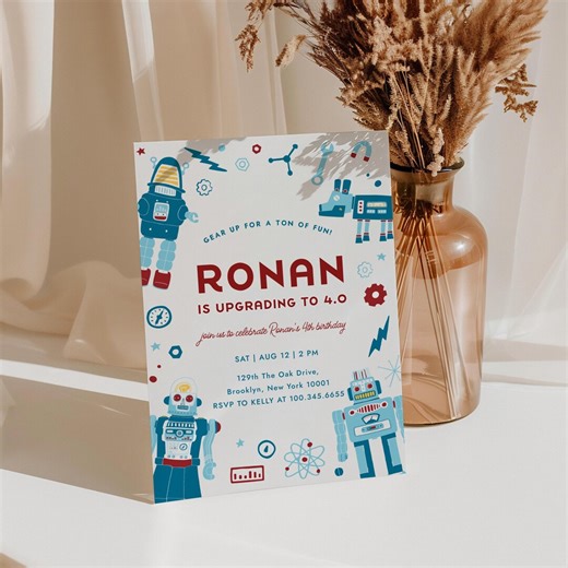 Robot Birthday Invitation Template, Retro Robotic Birthday Invite, Gear up Birthday Template, Digital Template, Digital Download 238 - Etsy