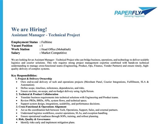 Paperfly is Hiring Assistant Manager - Technical Project