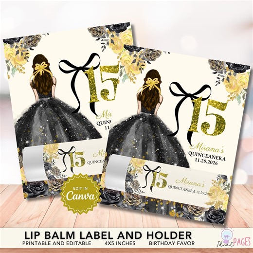 Black Gold Quinceanera Lip Balm Party Favor Gift, Lip Balm Card Holder, Lip Balm Sticker, Sweet 15 Birthday Favor, Mis Quince Template - Etsy