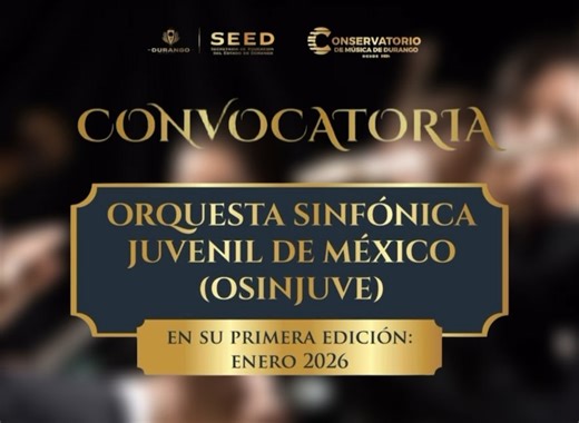 Convocatoria OSINJUVE 2026 Forma parte de la Orquesta Sinfónica Juvenil de México y lleva tu talento al siguiente nivel. La primera edición se realizará en enero de 2026, y busca jóvenes músicos de 18 años o poco más que ejecuten instrumentos orquestales. 📍 Enero 8–16 Academia orquestal en el Conservatorio de Música de Durango: • Preparación de programa • Asesorías con reconocidos maestros • Ensayos seccionales y tutti 📍 Enero 17–24 Gira nacional con conciertos en Durango, Guadalajara y el Pal