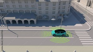 A car with a radar rides through the city. Old city, embankment. Light background. Cartoon animation.