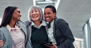 Business women, hug and group collaboration with trust, support and teamwork in office. Diversity, solidarity and friends or professional people together for partnership, care and motivation