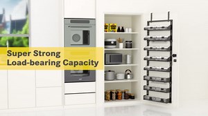 8-Tier Over the Door Pantry Organizer, Large Metal Door Spice Rack with Adjustable Basket, 2 in 1 Wall Mount or Hanging Heavy-Duty Pantry Door Storage Shelf for Kitchen and Bathroom, Black