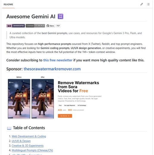I spent 2 hours reading through this so here is what actually matters.Everyone has access to Gemini. Almost nobody knows how to actually use it.Gemini 3 has a 1 million token context window.That is the largest context of any major AI model.Most people use it to summarize a document or answer a question. The prompts in this repo do something completely different.Someone curated the best Gemini prompts from X, Reddit, and top prompt engineers into one free GitHub repo.Here is what is inside.↳ Full