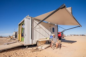 In 2008, Bob was walking his dog and got hit by a drunk driver. Pinned between the vehicle and a tree, he lost a leg and a lot of his admitted independence. After struggling through the transition of accepting help and wanting freedom, he dove into the world of tiny living on the road! Bob is a chef-trained cook who loves being in the kitchen, so his build was based around the cooking area! He has butcher block countertops, an eight-inch-deep sink, and all of his favorite supplies within reach. 