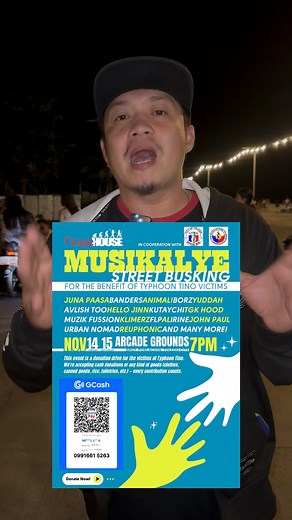 Tan-awa adonay tay buhatong busking for a cause karong november 14-15 diri sa Toledo 👇 MUSIKALYE - Street Busking for the benefit of Typhoon Tino victims Toledo City Arcade Grounds | Poblacion, Toledo City November 14 & 15 Join us for two days of live street busking featuring Toledo City’s finest local music talents — all coming together to make a difference! This event is a donation drive for the victims of Typhoon Tino. We’re accepting cash donations or goods (clothes, canned goods, rice, toi