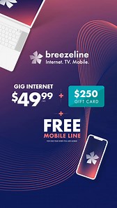 Get fast, reliable Fiber-powered GIG Internet for $49.99/mo. plus a $250 Gift Card. | Breezeline