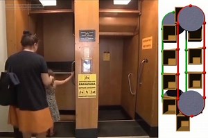 A paternoster lift is a passenger elevator which consists of a chain of open compartments (each usually designed for two persons) that move slowly in a loop up and down inside a building without stopping. Passengers can step on or off at any floor they like. The same technique is also used for filing cabinets to store large amounts of (paper) documents or for small spare parts. The much smaller belt manlift which consists of an endless belt with steps and rungs but no compartments is also someti