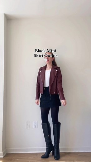 How to style a black mini skirt for fall/winter weather. I’ve included more suggestions for outfit alterations below: All outfit details will be on my LTK 🤍 Outfit 1: - Leather jacket (I like a colorful one) - White bodysuit or white t-shirt - Black mini skirt - Black tights (use fleece-lined tights when weather is colder) - Tall black boots - Accessorize as desired Outfit 2: - Black turtleneck sweater - Trench coat (I like a contrasting color) - Black mini skirt - Black tights (use fleece-line