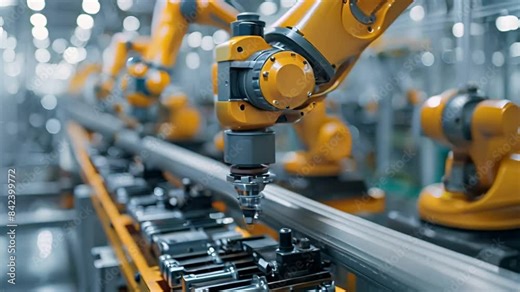 A detailed view of robotic arms operating on an assembly line in a modern factory