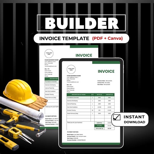 Builder Invoice Template | Construction Invoice | Editable PDF & Canva | UK Trades - Etsy