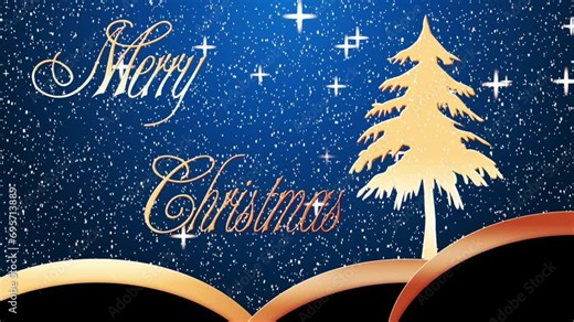 Merry Christmas Blue Background with wonder, glittering, snowflake, tree, stars and snow. Winter, Christmas, New Years, Holidays frame concept. Seamless looping 4k.