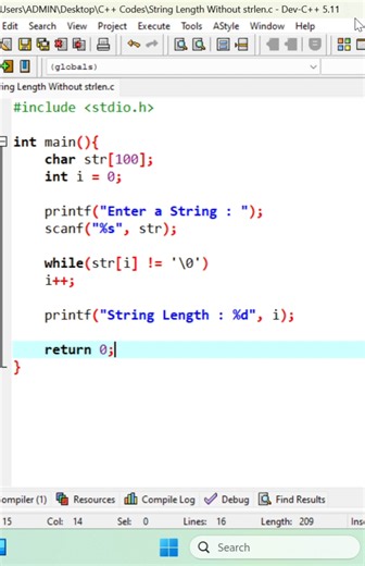 № 0626 - STRING LENGTH WITHOUT strlen String length without library functions! 💻🔤 Use a loop in C to count characters until the null terminator. Perfect for beginners learning strings and manual logic building. @CodePulse Africa