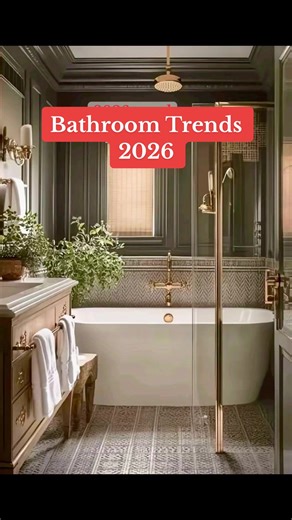 Bathroom trends for 2026. Dark and moody, warm brass, statement tile and integrated lighting. Which look is your favorite? 1,2,3,4,5 or 6 #bathroomdesign #interiordesign #trends #homerenovation #luxury