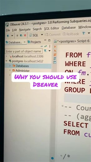 Bamidele Ajamu on Instagram: "Why DBEaver Is My Go-To SQL Tool You don’t need expensive tools to be a great data analyst. DBEaver is free, easy to use, and works with almost every database. Perfect for beginners, powerful enough for professionals. Simple UI, saved queries, ER diagrams - it just works. Do you use DBEaver or another SQL tool? Comment below and follow for more practical data tips 👇 #DBEaver #SQL #DataAnalytics #DataAnalystLife #LearnSQL"