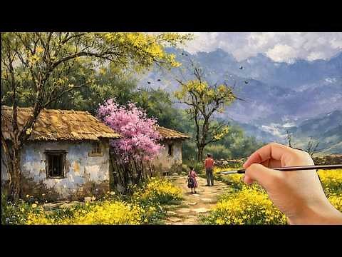 🎨 Painting a Peaceful Spring Countryside Cottage | Relaxing Acrylic Landscape Tutorial | #058