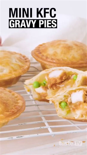 This 25-minute recipe is easy as pie! Crisp pastry is filled with KFC Original Tenders and potato and gravy for a speedy twist on a winter classic. Get the recipe here: https://www.taste.com.au/recipes/mini-kfc-gravy-pies-recipe/f4d2s00i | Taste.com.au