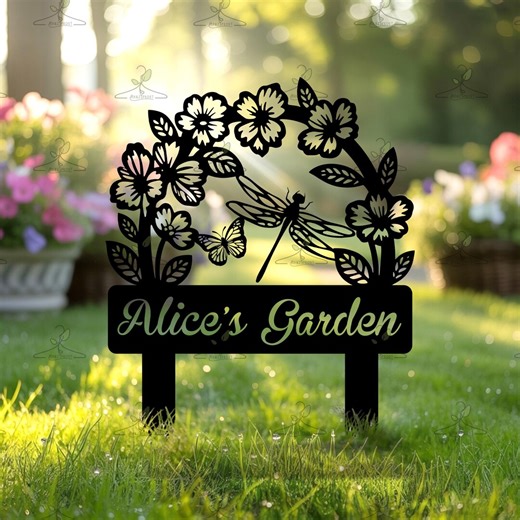 Custom Dragonfly Garden Metal Sign, Floral Yard Stake With Custom Name - Etsy