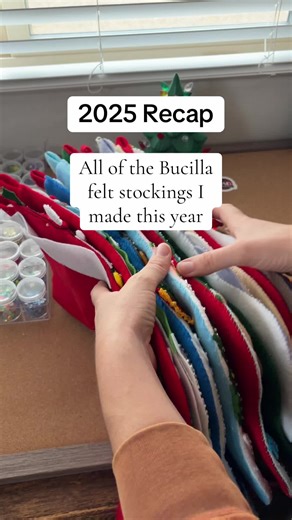 Here’s a look at all of the Bucilla felt stockings I made this year. 💕 I can’t wait to see what 2026 has in store! #bucilla #bucillastocking #crafty #sewingtiktok #handmade
