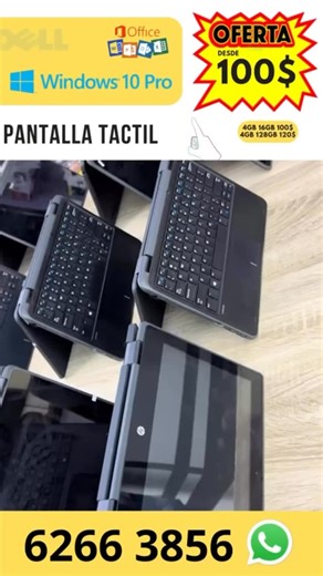 Soundvirtual507 on Instagram: "✨ Laptop Dell 2 en 1 táctil desde $100 — versátil, elegante y lista para rendir al máximo Diseñada para adaptarse a ti: 🔄 Dóblala, tócala y transfórmala según tu necesidad 💻 Modo laptop | 📱 modo tablet | 🖥️ modo presentación Ideal para estudiar 🎓, trabajar 📊 o disfrutar en casa todos los días 🏠 🔥 Lista para usar desde el primer minuto: ✅ Windows 10 Pro instalado ✅ Office activado ✅ Solo enciende y comienza 🚀 📋 Especificaciones: 🔹 Procesador Intel Celeron