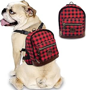 Lapewit Dog Backpack Cute Backpack for Dogs, Built-in Poop Bag Dispenser, Buffalo Plaid & Pu Leather Design Dog Pack for Hiking Training and Daily Walking, Fit Puppy and Small Dogs