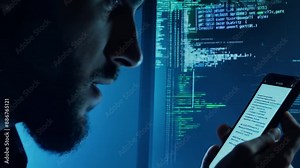 A man uses a smartphone to access the dark web. Stock Video