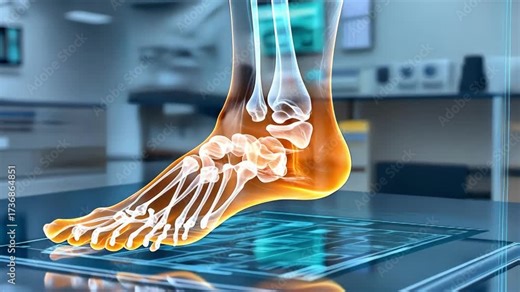 Human foot anatomy with bones visible on a digital display in a lab setting.