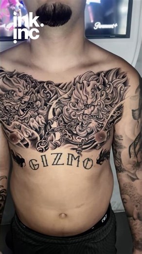 Japanese Shishi Chest Tattoo | Black & Grey Guardian Lions & Script Design