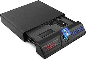 Under Desk Drawer Gun Safe with Super Biometric Finger Vein Recognition Lock, Quick-Access and Slide-Away Handgun safe, 2 Pistols Safe Box, CA DOJ Approved