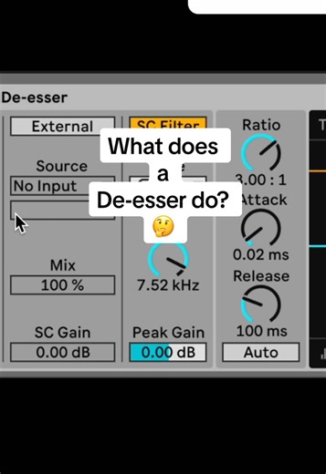 A de-esser is a dynamics processor that reduces excessive sibilance — the harsh high-frequency energy from “S,” “T,” “Sh,” and “Ch” sounds in vocals. Here’s a common starting point for a house vocal de-esser: \t•\tFrequency: 5–8 kHz \t•\tThreshold: -25 dB \t•\tRatio: 4:1 \t•\tAttack: 2 ms \t•\tRelease: 75 ms This is subtle but effective; tweak the frequency and threshold slightly by ear.