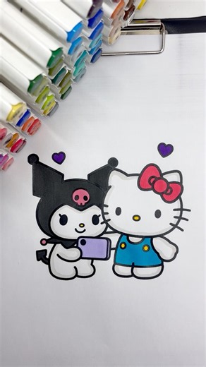Coloring Hello Kitty and Kuromi Selfie Time 💜 #hellokitty #coloring #coloringtime #markers #kidsart