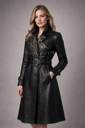 Black Genuine Lambskin Leather Trench Coat | Belted Slim Fit Long Winter Fashion Overcoat - Etsy