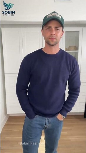 Navy Blue Crewneck Waffle Knit Sweater #mensstyle