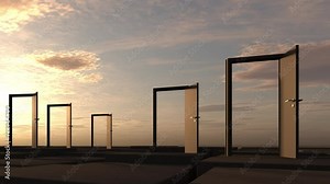 abstract business symbol with doors and cloud-sky - 3D Animation